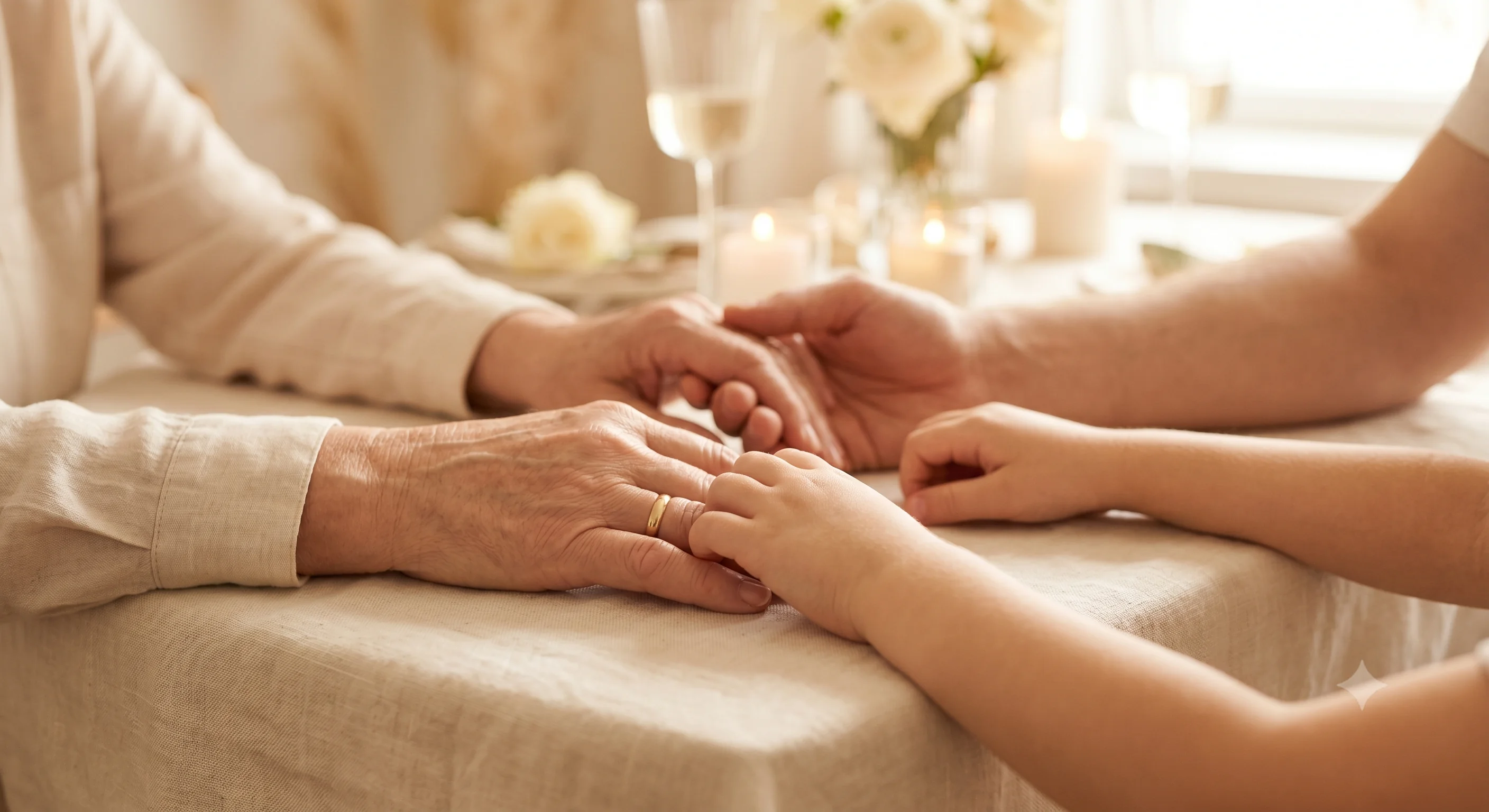 Manos de varias generaciones entrelazadas sobre una mesa con velas y flores