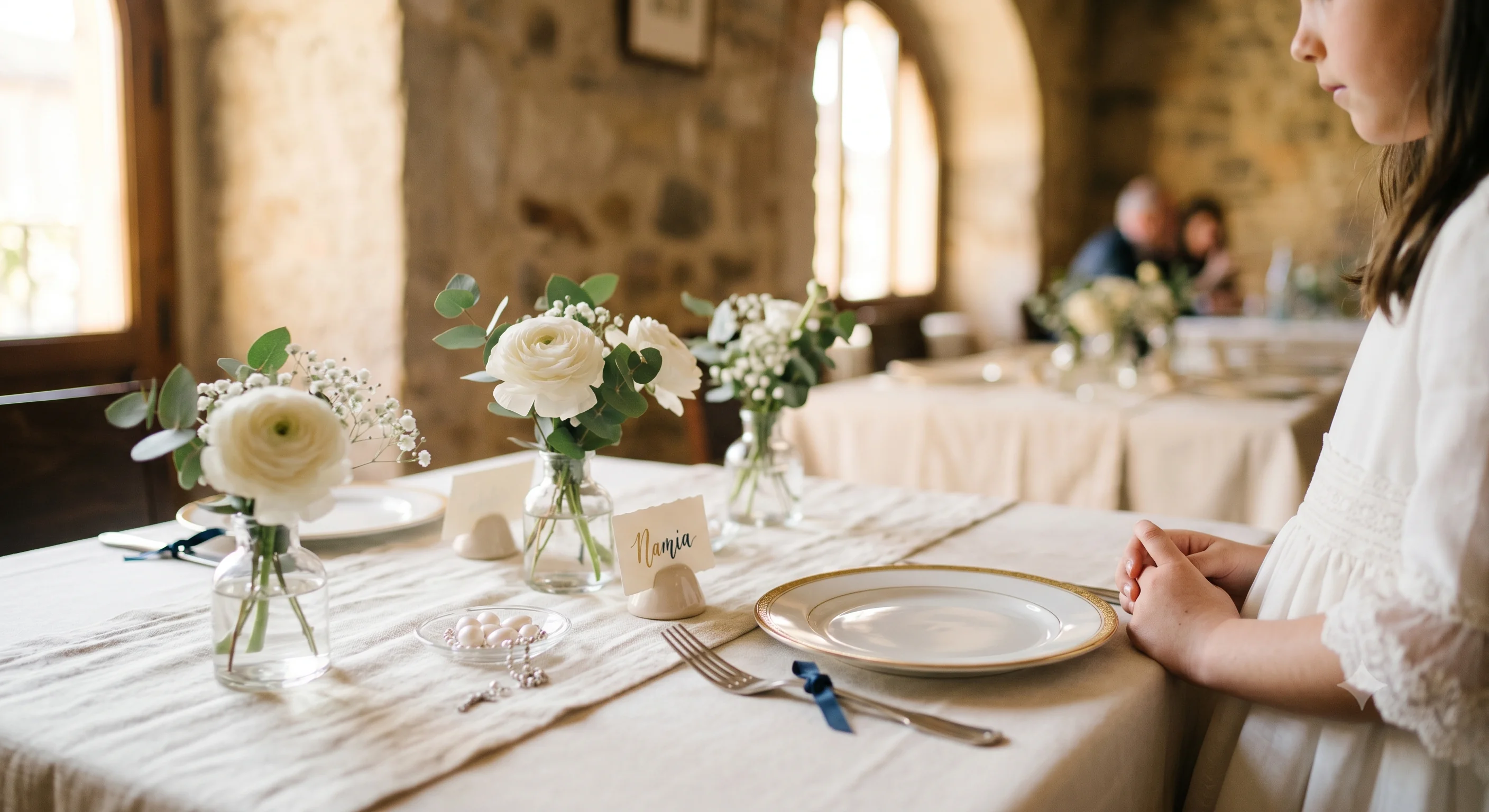 Mesa preparada para una primera comunión con flores blancas