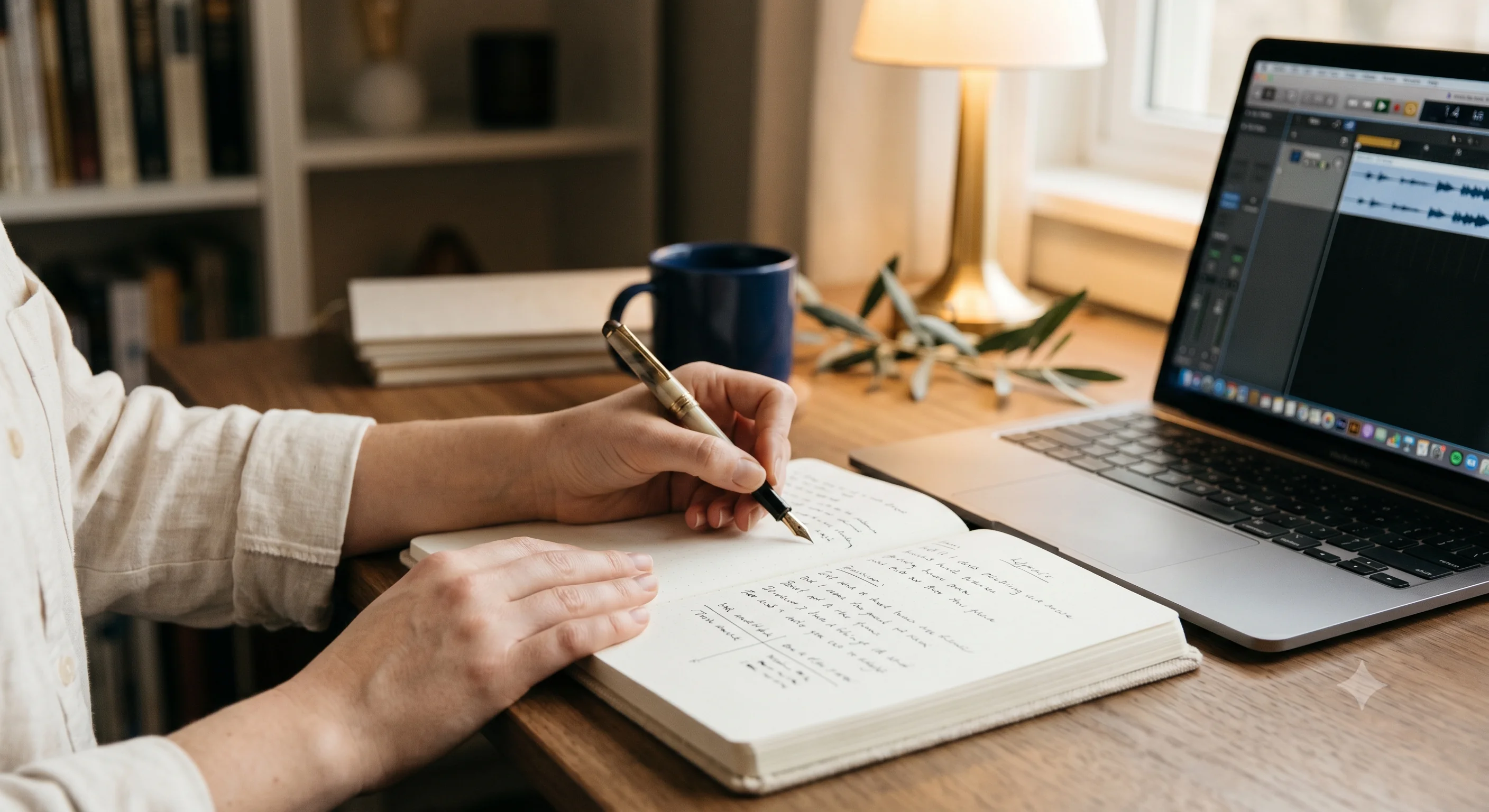 Persona escribiendo la letra de una canción en una libreta junto a un estudio de audio