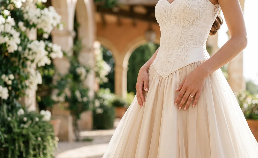 Vestido de novia con cintura baja a la vasca, tendencia verano 2026