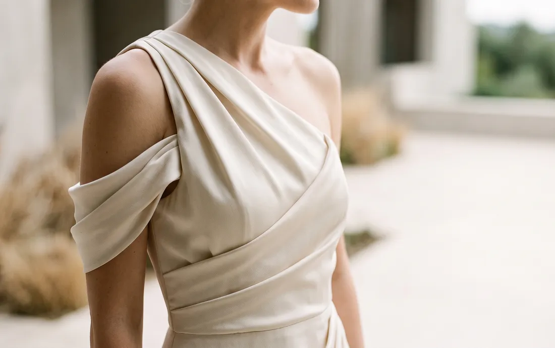 Escote one-shoulder y corte asimétrico en vestido de invitada 2026