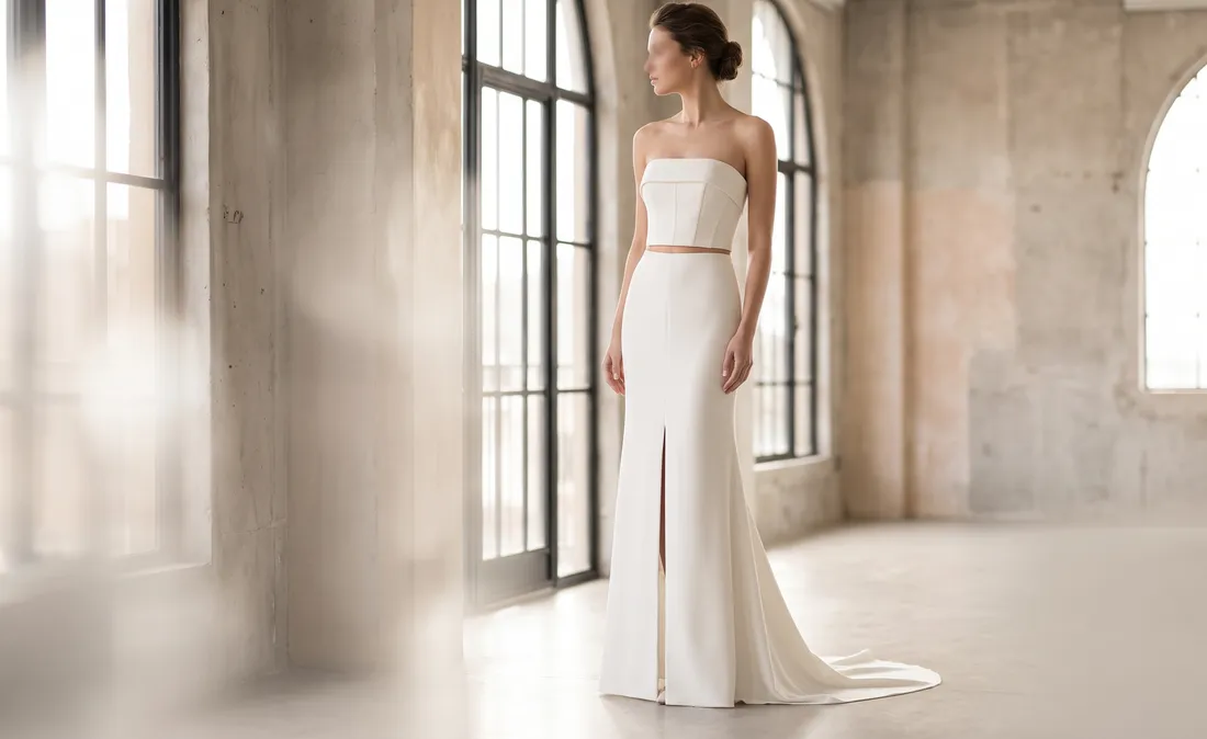 Conjunto de dos piezas de novia, top y falda, tendencia 2026