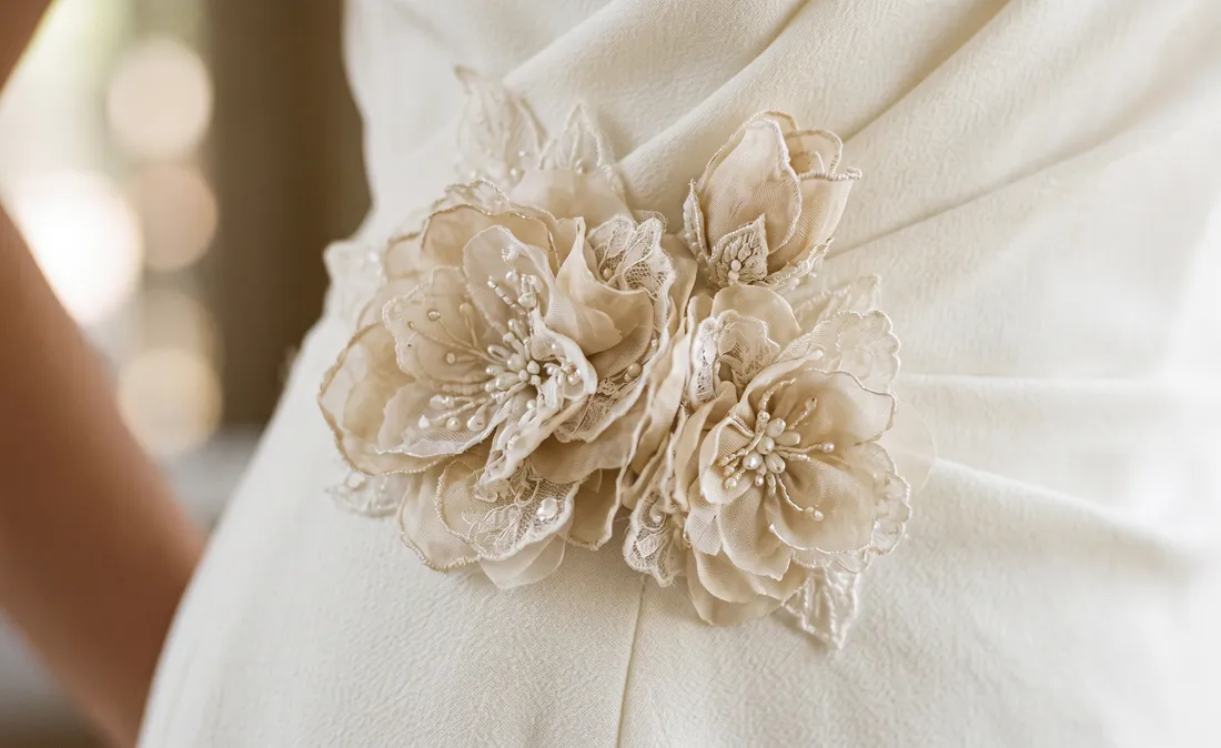 Flores en 3D y aplicaciones florales sobre vestido de novia, tendencia 2026