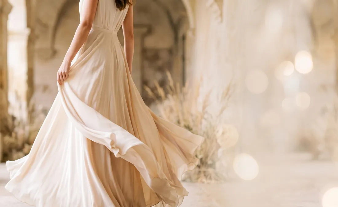 Vestido de invitada largo maxi fluido, tendencia boda 2026