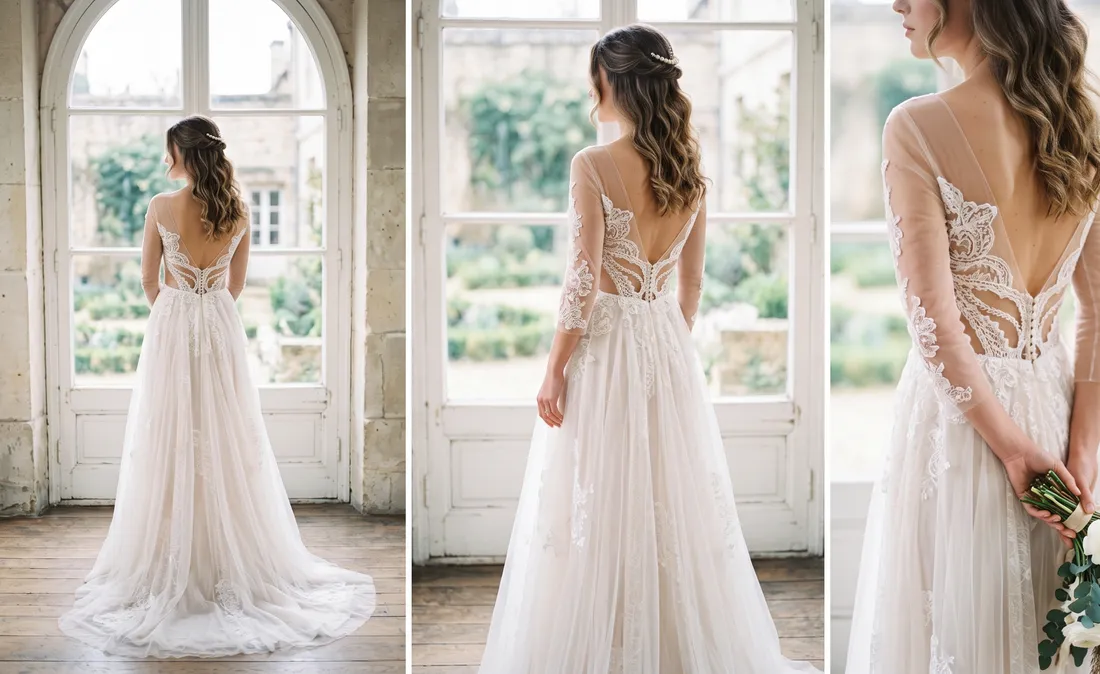 Transparencias y aberturas estratégicas en vestido de novia de verano